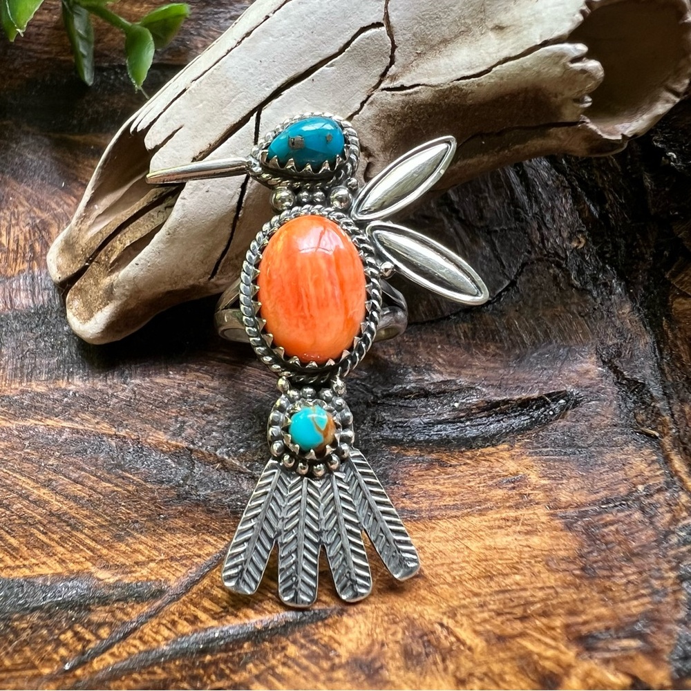 925 Sterling Silver Hummingbird Ring - Kingman Turquoise Spiny Oyster - Sz 8